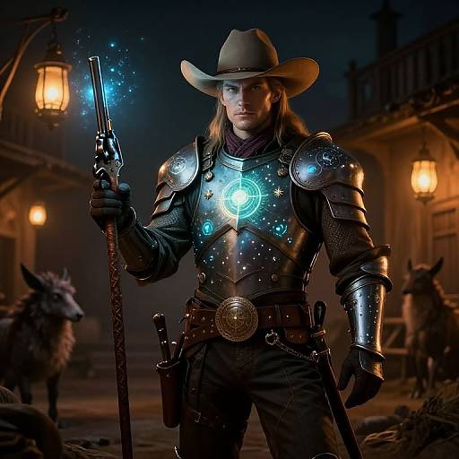 Digital art of a blonde cowboy in glowing silver armor, holding a glowing gun, standing in a dim, lantern-lit Western town.