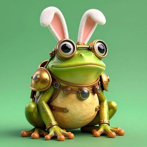 CGI image of a green frog with white bunny ears, steampunk goggles, and armor, sitting on a green gradient background.