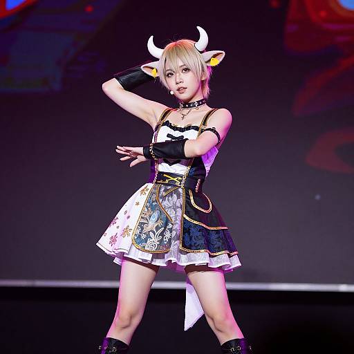 Digital CGI of a blonde, pale-skinned, anime-style girl with white horns, black choker, and elaborate black-and-white dress, posing on