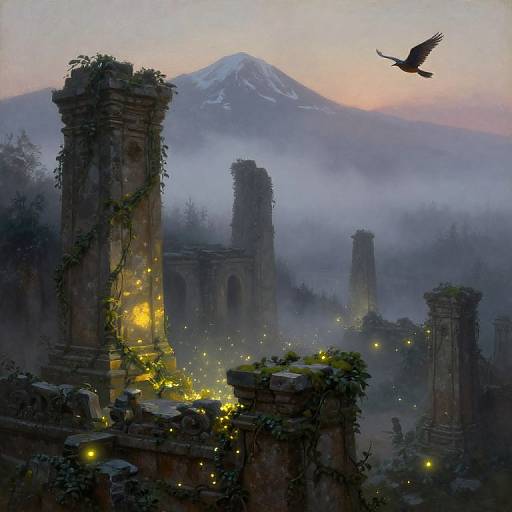 Fantasy painting of misty ruins with glowing lights, overgrown pillars, and a bird in flight, set against a snow-capped mountain at dusk