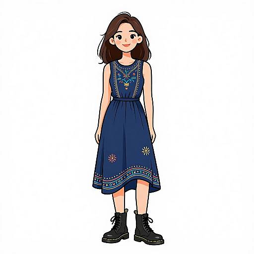 Digital illustration of a smiling young woman with fair skin and brown hair, wearing a blue sleeveless dress with floral embroidery, black boots, standing against a