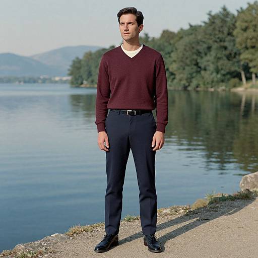 Photograph of a serious man with dark hair, wearing a maroon V-neck sweater, black pants, and black shoes, standing by a calm lake