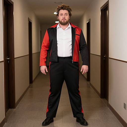 Photorealistic digital image of a bearded man with curly brown hair, wearing a red and black jacket, white shirt, and black pants, standing