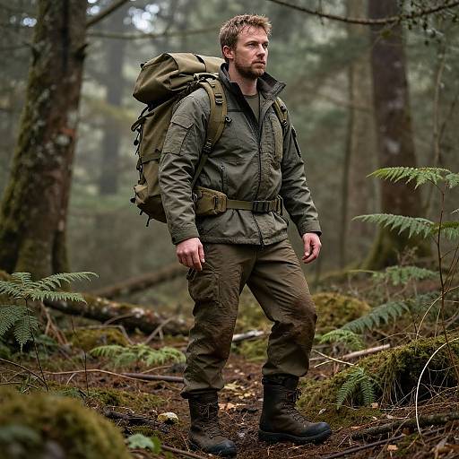Photograph of a bearded, blonde man with a muscular build, wearing green hiking gear and a large backpack, standing in a misty forest.