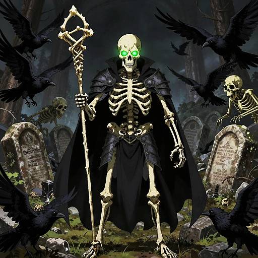 Digital artwork of a glowing green-eyed skeleton warrior with black cloak, holding a skeletal staff, surrounded by tombstones and black ravens in a dark,