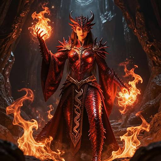 Digital fantasy art of a red-scaled, horned demoness with fiery hands, dark armor, and intricate patterns, standing amid blazing flames in a