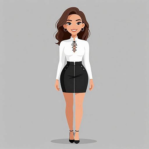 Digital illustration of a smiling woman with long brown hair, wearing a white lace-up blouse, black high-waisted skirt, and black heels, standing