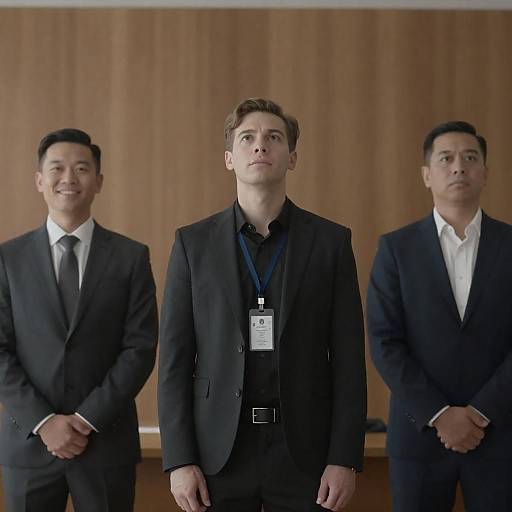 Three professional men in suits with ID badges