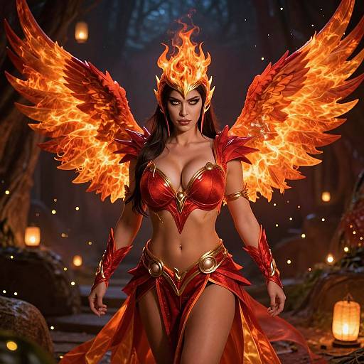 Digital artwork of a fiery, winged, armored woman with large orange wings, red and gold attire, and a flaming headpiece, standing in a