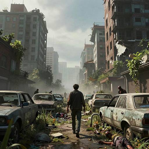 Photograph-like digital art of a neglected urban alley, sunlit, with a lone man in dark clothes walking past rusted, abandoned cars and over