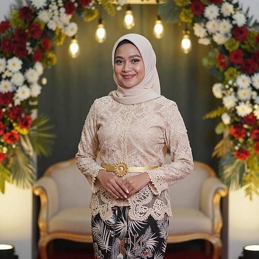 Smiling Asian Woman in Floral Archway