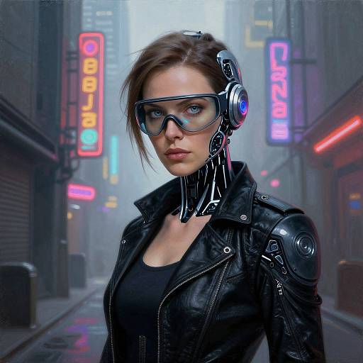 Digital art of a cyberpunk woman with blue glowing headphones, black leather jacket, and futuristic goggles, standing in a neon-lit, foggy city