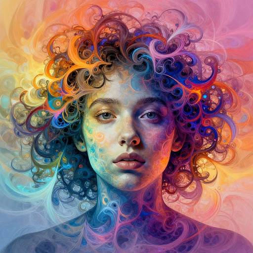 Digital artwork of a woman with curly, colorful swirls in her hair blending vibrant hues of orange, blue, purple, and pink against a similarly abstract