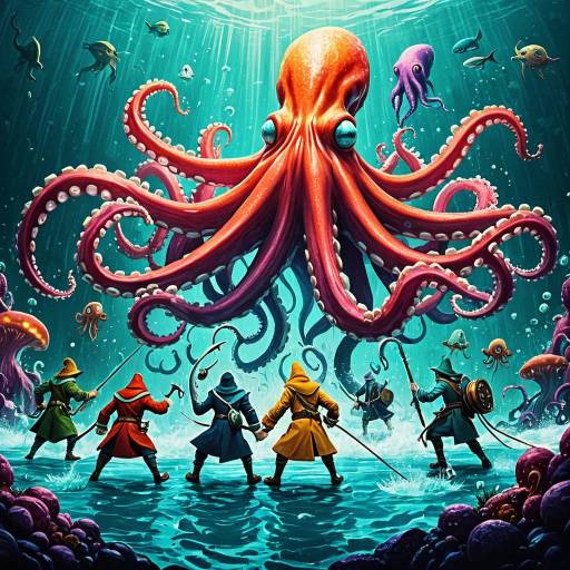 Fantasy Alchemists Battling Giant Squid