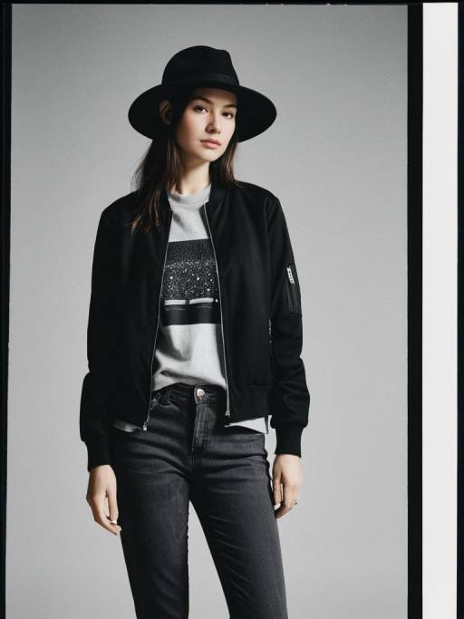 Woman in Modern Minimalist Bomber Jacket and Wide-Brimmed Hat