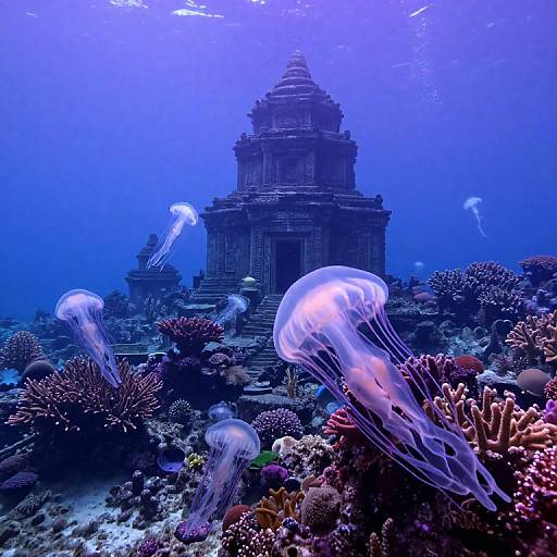 Photograph of an underwater scene with glowing jellyfish around a sunken, ancient temple structure surrounded by colorful coral reefs.