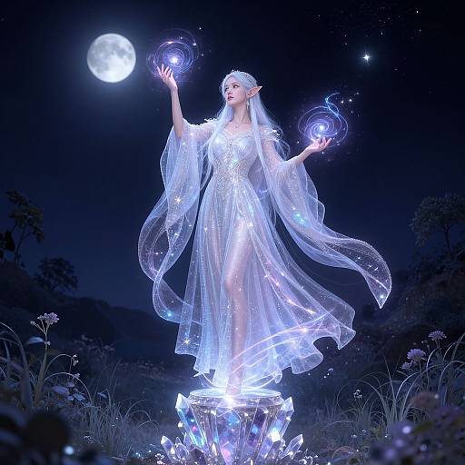 Digital artwork of an ethereal, glowing elf woman in a transparent, luminous dress, floating on crystals under a full moon.