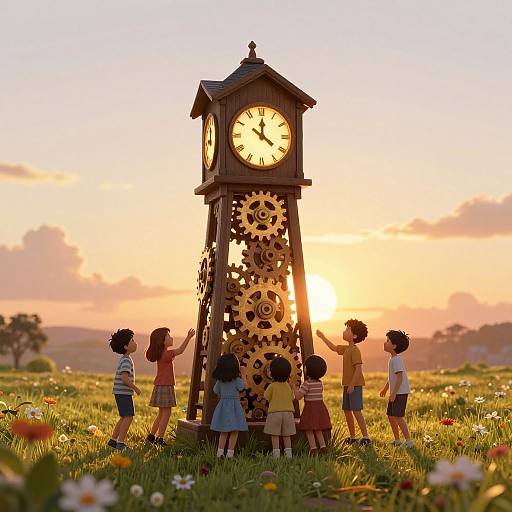 Photograph of six children in colorful clothes standing around a large wooden clock with gears, set in a sunlit meadow at sunset.
