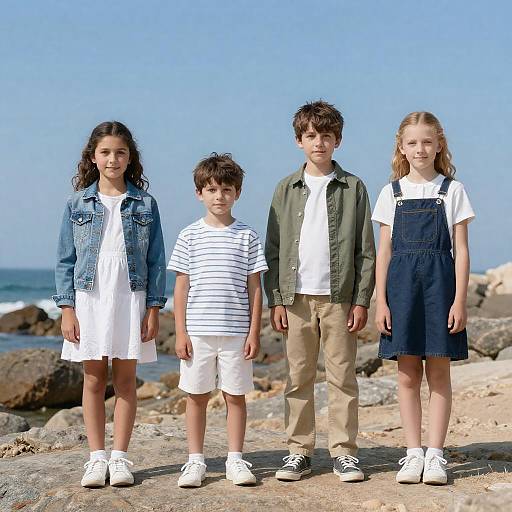 Four Children on Rocky Beach Portrait