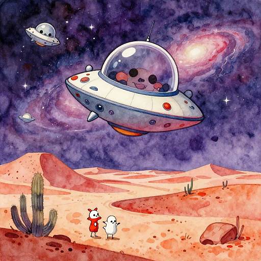 Whimsical watercolor illustration of two UFOs with cute, round-eyed aliens, flying over a red desert with cacti, a white ghost