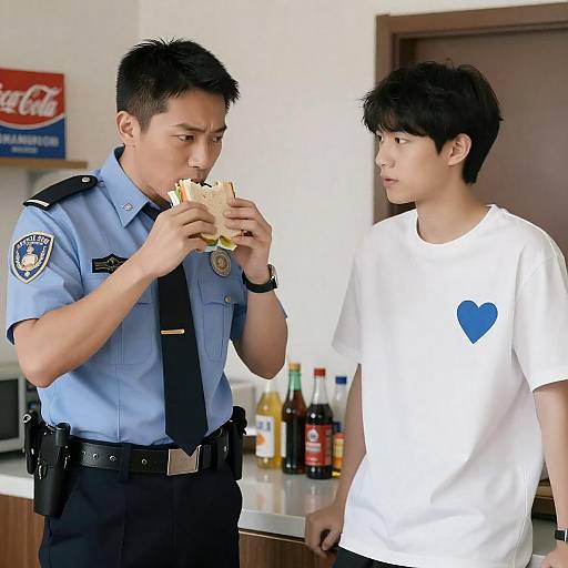 Casual Kitchen Scene with Policeman