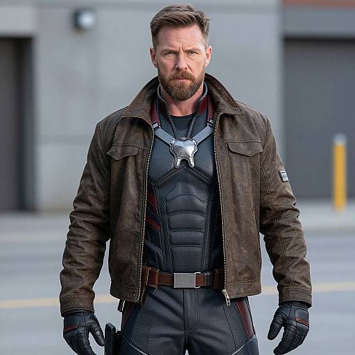 Photograph of a bearded, muscular man with light skin, short brown hair, wearing a black leather jacket, black tactical gear, gloves, and