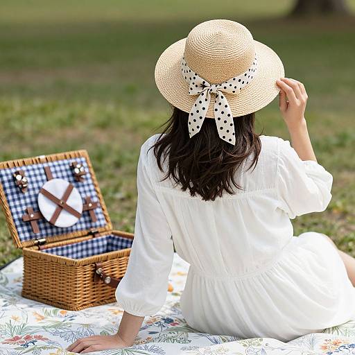 Photograph of a woman in a white dress and wide-brimmed straw hat with a polka dot bow, sitting on a floral blanket beside an