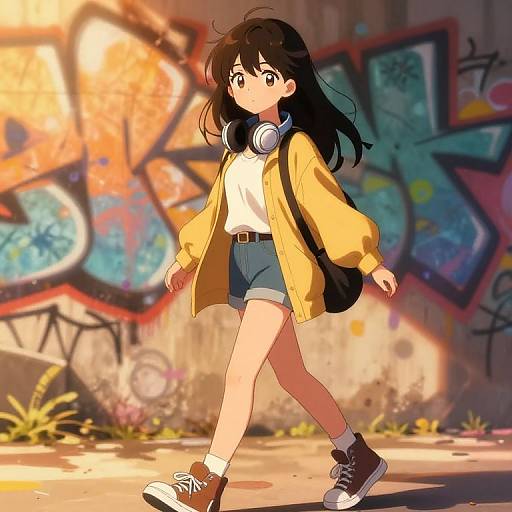 Anime-style digital drawing of a young girl with long black hair, wearing a yellow jacket, white shirt, blue shorts, and brown sneakers, walking past