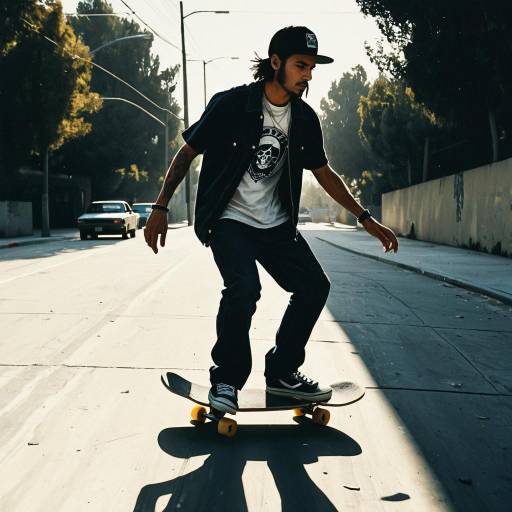 Skateboarder Riding on Sunlit Street