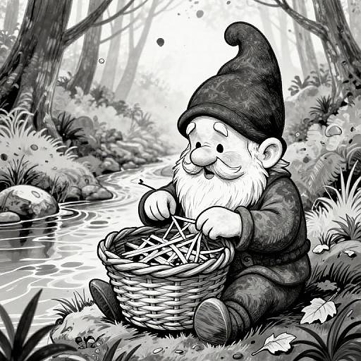Black-and-white digital drawing of a smiling gnome with a beard and hat, sitting by a forest stream, weaving in a basket.