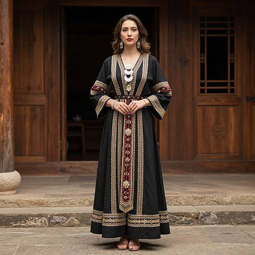 Photograph of a woman with wavy brown hair, wearing a black traditional long dress with gold and red embroidery, standing in front of a wooden building