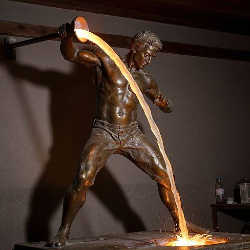 Photograph of a bronze statue of a muscular, shirtless man pouring molten metal from a hammer, illuminated against a dark, industrial background.