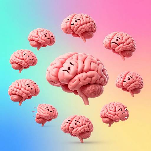 Digital CGI image of pink, cartoon-style brains with expressive black eyes floating against a gradient blue to pink background.