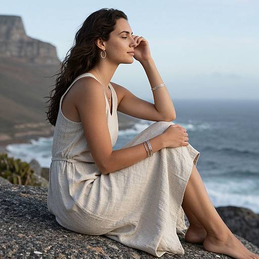 Photograph of a young woman with wavy brown hair, wearing a white sundress and jewelry, sitting on a rocky cliff, gazing at the