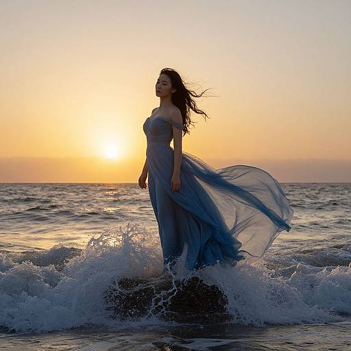 Photograph of a woman in a flowing blue dress standing in ocean waves at sunset, her hair and dress blowing in the wind.