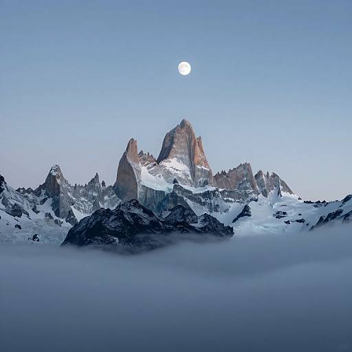 Photograph of a snow-covered mountain range with jagged peaks, a full moon above, and a layer of mist in the foreground.