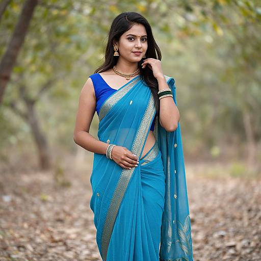 Photograph of a beautiful Indian woman with long black hair, wearing a blue saree with gold trim, standing in a forest path, adorned with jewelry