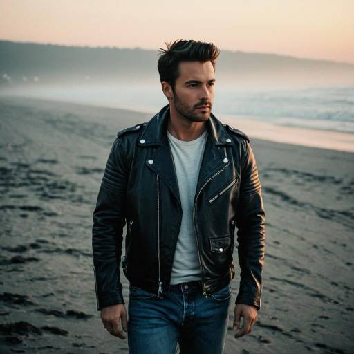 Man in Leather Jacket on Misty Beach at Sunset