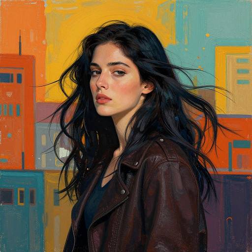 Digital painting of a pale-skinned woman with long, black, wind-swept hair, wearing a brown leather jacket, set against a vibrant,