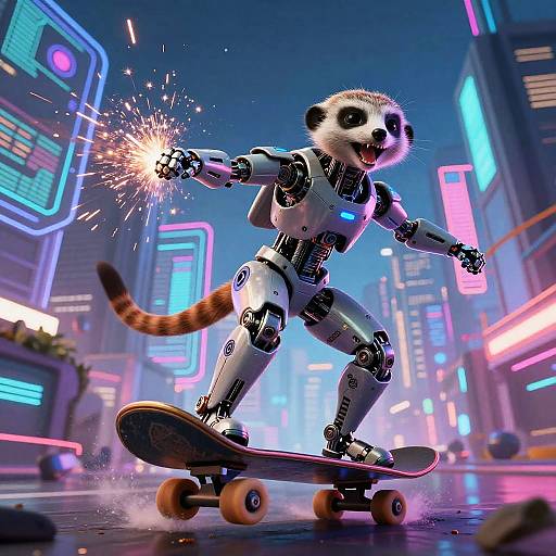 CGI image of a robotic meerkat skateboarding in a neon-lit, futuristic city, sparking its right arm and grinning. Bright,