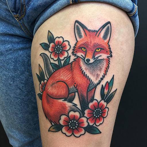 Colorful Fox Tattoo with Flowers on Thigh