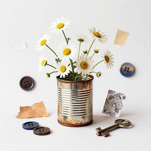 Rustic Still Life with Daisies in Tin Can