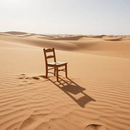 Photograph of a single wooden chair in a vast, sunlit desert with rippled sand dunes, casting a long shadow.