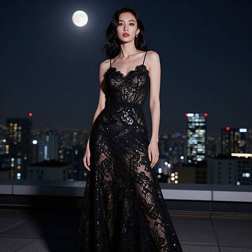Photograph of a tall, slender woman with pale skin and dark hair, wearing a sheer, black lace gown, standing on a rooftop at night with
