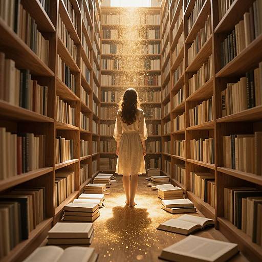 Photograph of a woman in a white dress walking down a library aisle, with golden sunlight illuminating books and scattered pages.