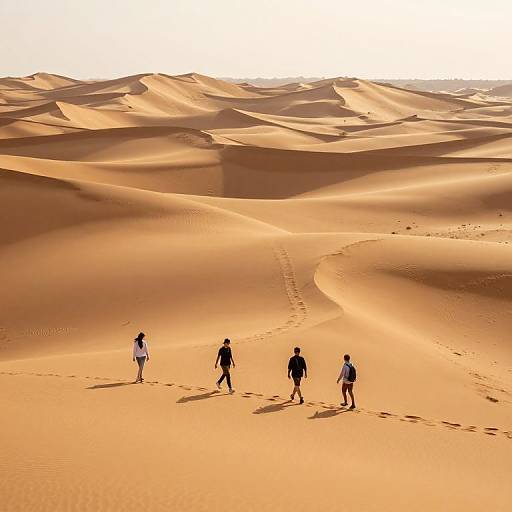 Photograph of five silhouetted hikers walking across vast, sunlit golden sand dunes with footprints leading through the desert landscape.