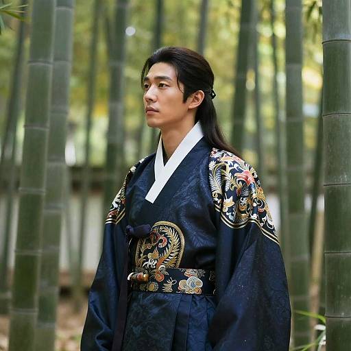 Photograph of an Asian woman with long black hair, wearing an ornate black kimono with colorful embroidery, standing in a bamboo forest.