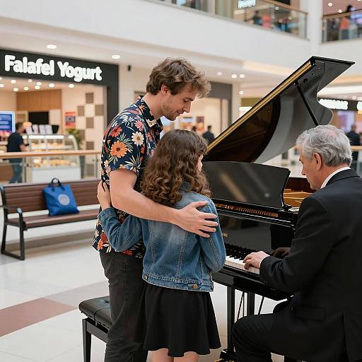 Man and Girl Watching Pianist in Mall