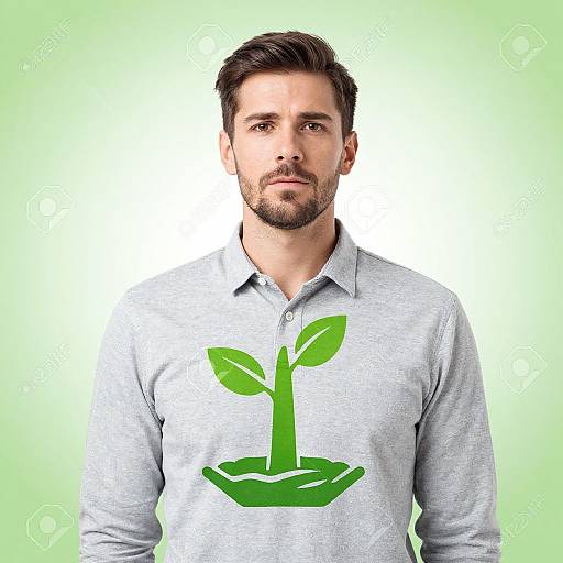 Photograph of a bearded man with short brown hair, wearing a light gray polo shirt with a green plant graphic, against a green gradient background.