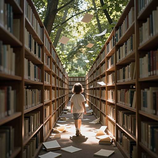 Photograph of a curly-haired child in a white shirt and denim shorts walking down a sunlit library aisle between tall, filled bookshelves, with